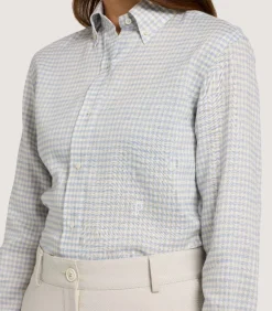 Women'S Pale Indigo Linen Shepherd Check Button Down Shirt